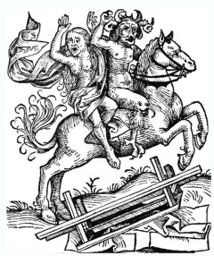 Bild: Teufel entführt eine schreiende Frau, eine "boshaftige zawberin", um mit ihr als Hexe zu buhlen und einen Bund zu schließen. Holzschnitt, Schedelsche Weltchronik, Nürnberg, 1493
